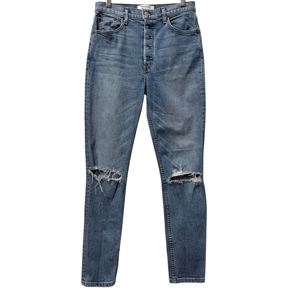 Reformation Serena High Rise Blue Jeans Button fly Melbourne Distressed Sz 27